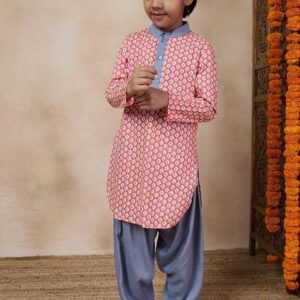 Grey Printed Cotton Blend Kurta With Pants (Set of 2)