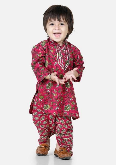 Pink Printed Pure Cotton Kurta With Dhoti Pants (Set of 2)