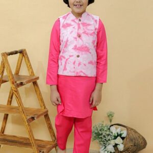 Pink Tie And Dye Print Nehru Jacket With Kurta And Pants (Set of 3)