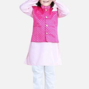 Pink Foil Print Jacket With Kurta And Pyjama (Set of 3)
