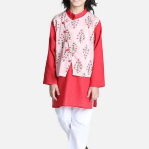 Peach Floral Printed Jacket With Kurta And Pyjama (Set of 3)