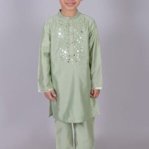 Sea Green Mirror Embroidered Kurta With Pajama (Set of 2)
