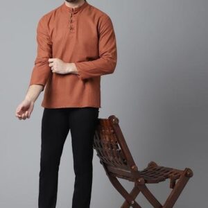 Rust Solid Cotton Kurta For Men
