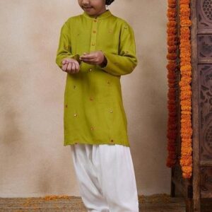 Olive Embroidered Kurta With Pants (Set of 2)