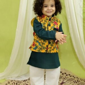 Yellow Printed Jacket With Kurta And Pyjama (Set of 3)
