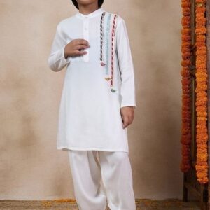 White Gota Work Kurta With Pants (Set of 2)