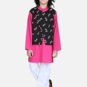 Black Printed Jacket With Kurta And Pyjama (Set of 3)