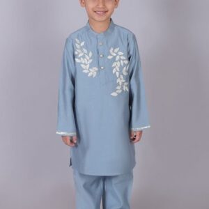Blue Floral Embroidered Kurta With Pajama (Set of 2)