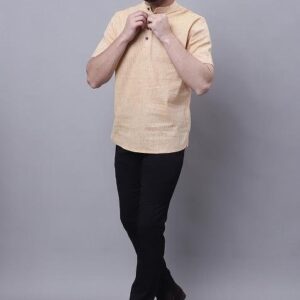 Beige Solid Cotton Kurta For Men