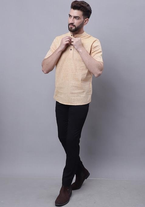 Beige Solid Cotton Kurta For Men