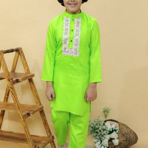 Lime Green Embroidered Kurta With Pajama (Set of 2)