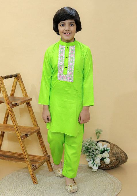 Lime Green Embroidered Kurta With Pajama (Set of 2)