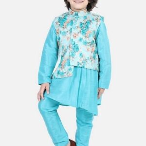 Blue Printed Jacket With Kurta And Pyjama (Set of 3)