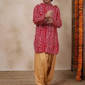 Red Printed Cotton Blend Kurta With Pants (Set of 2)