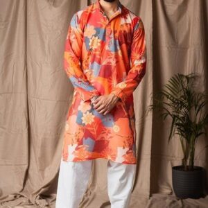Orange Printed Linen Kurta For Men