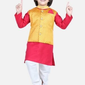 Pink Foil Print Jacket With Kurta And Pyjama (Set of 3)