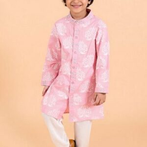 Pink Printed Cotton Kurta With Pants (Set of 2)