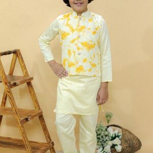 Pastel Yellow Tie And Dye Print Nehru Jacket With Kurta And Pants (Set of 3)
