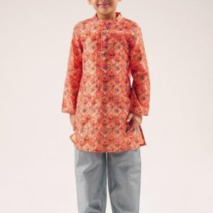 Orange Digital Print Kurta With Pants (Set of 2)