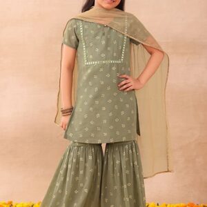Light Green Foil Print Sharara With Kurta And Dupatta (Set of 3)