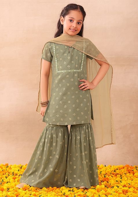 Light Green Foil Print Sharara With Kurta And Dupatta (Set of 3)