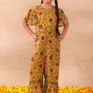Mustard Yellow Floral Print Jumpsuit With Dori Belt (Set of 2)