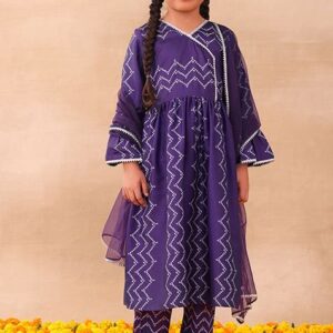 Purple Chevron Print Kurta With Pants And Dupatta (Set of 3)