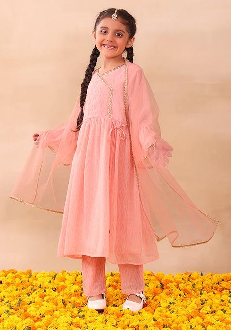 Light Pink Ikat Print Kurta With Churidar Pants And Dupatta (Set of 3)