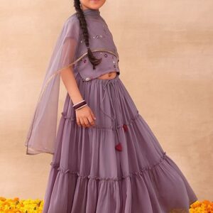 Lilac Tiered Lehenga With Blouse And Dupatta (Set of 3)