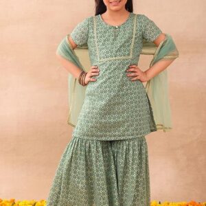 Light Green Sharara With Kurta And Dupatta (Set of 3)