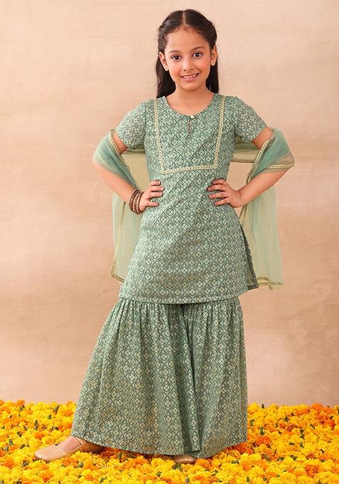 Light Green Sharara With Kurta And Dupatta (Set of 3)