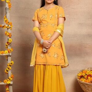 Mustard Abstract Print Kurta With Palazzo And Dupatta (Set of 3)