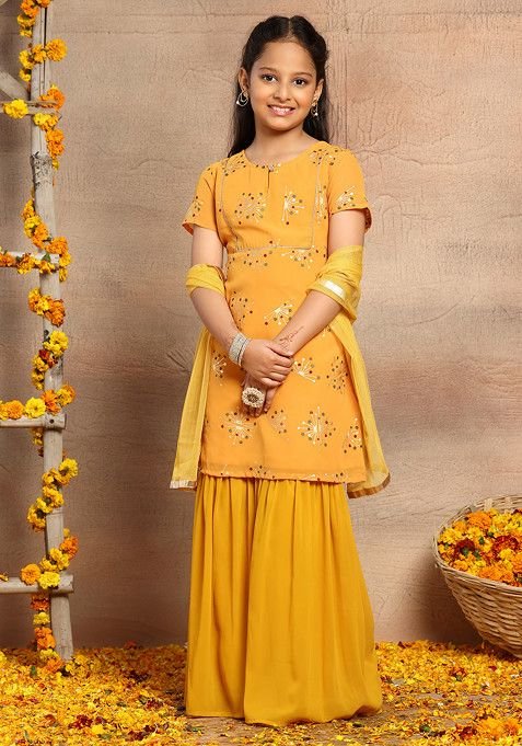Mustard Abstract Print Kurta With Palazzo And Dupatta (Set of 3)