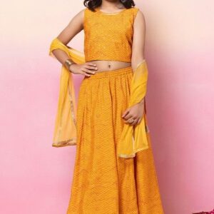 Yellow Printed Lehenga With Embroidered Blouse And Mesh Dupatta (Set of 3)