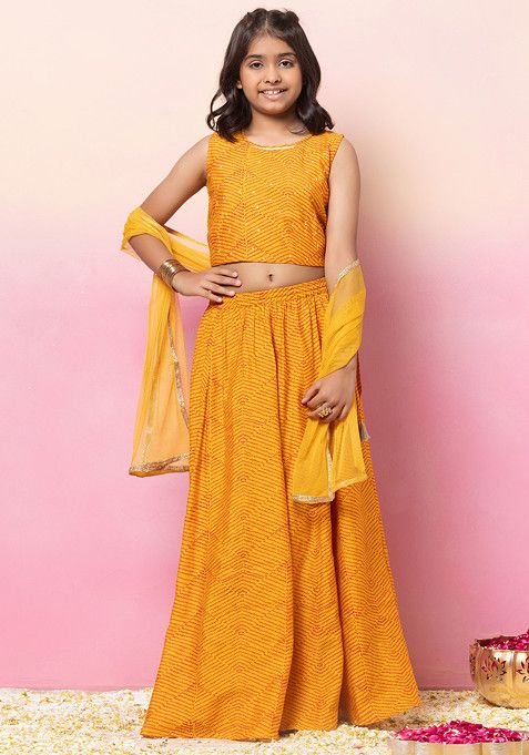 Yellow Printed Lehenga With Embroidered Blouse And Mesh Dupatta (Set of 3)
