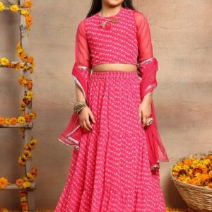 Hot Pink Bandhani Print Lehenga With Blouse And Mesh Dupatta (Set of 3)