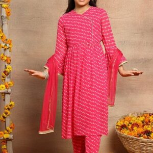 Hot Pink Bandhani Print Angrakha Kurta With Pants And Dupatta (Set of 3)