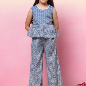 Indigo Blue Block Print Crop Top And Pants (Set of 2)
