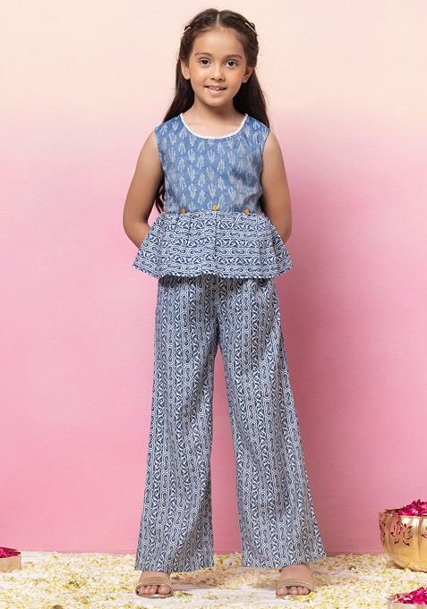 Indigo Blue Block Print Crop Top And Pants (Set of 2)