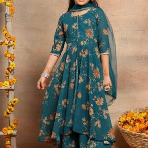 Green Floral Print Kurta With Pants And Dupatta (Set of 3)