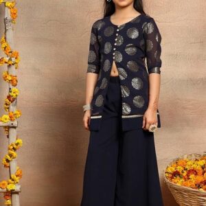 Black Foil Print Front Slit Kurta With Pants (Set of 2)