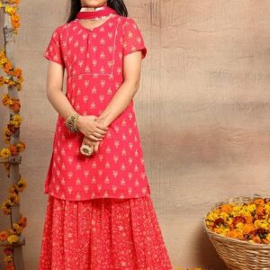Fuchsia Pink Floral Print Kurta With Printed Pants And Dupatta (Set of 3)