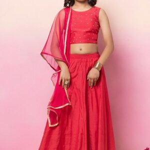 Dark Pink Lehenga With Embroidered Blouse And Mesh Dupatta (Set of 3)