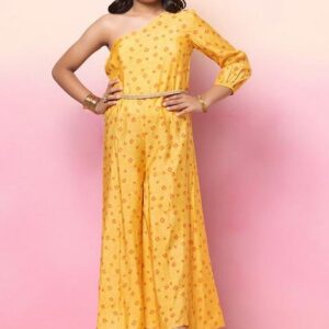 Mustard Yellow Floral Print One Shoulder Jumpsuit With Dori Belt (Set of 2)