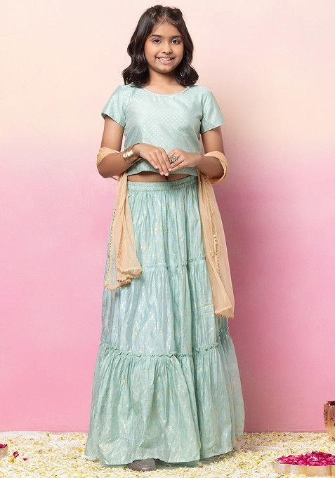 Sage Green Foil Print Tiered Lehenga With Blouse And Contrast Dupatta (Set of 3)