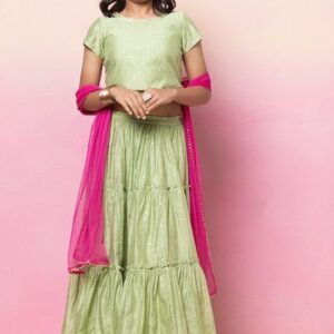 Pastel Green Foil Print Tiered Lehenga With Blouse And Mesh Dupatta (Set of 3)