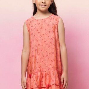 Peach Bandhani Print Sleeveless Tiered Dress