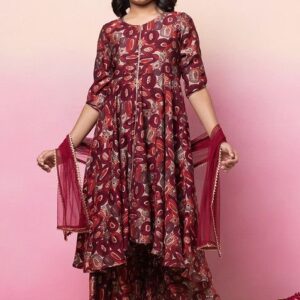 Red Foil Print Front Slit Kurta With Palazzo Pants And Dupatta (Set of 3)