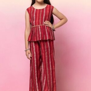 Red Block Print Peplum Top With Pants (Set of 2)