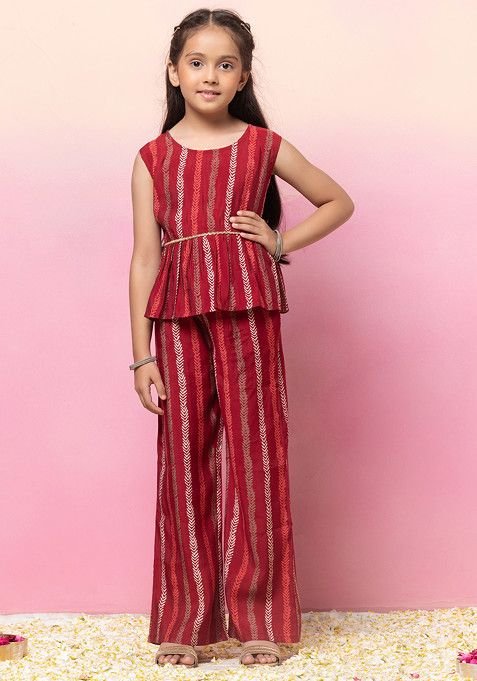 Red Block Print Peplum Top With Pants (Set of 2)